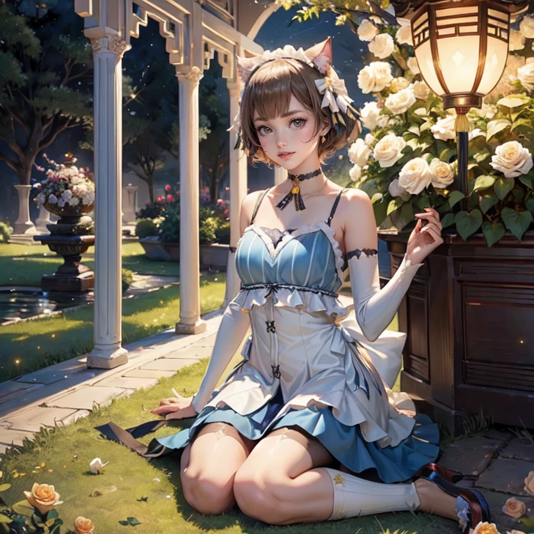 1girl, white roses, ornament hair, cat ears, roses on her hair, maid, maid dress, maid headdress, maid apron, light brown hair, short hair, seat on the grass, garden scene, Chinese maid dress, gold lantern, blue dress, more details on her clothes, golden details, night, smiling, chinese style, solo, alone, crystal, curtains, full moon on the sky, laces, frills, sparkles, fireflies, seat on the grass, chinese architecture on the background, white roses on the floor, oriental garden scenery, solo, 1 girl