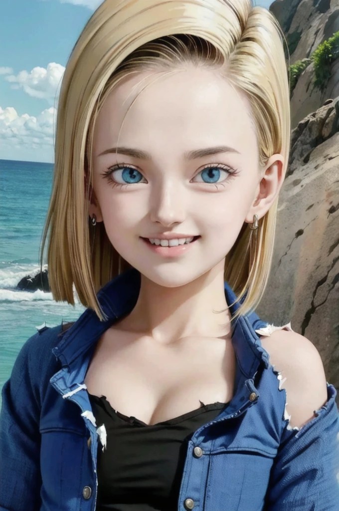 android 18,blonde hair, Long Straight hair, blue eyes, vest, black shirt, long sleeves, denim jacket, looking at viewer, smile Face, close up portrait, outside, beach, ocean, blue sky, high quality, masterpiece,  sexy body, perfect breasts, slightly torn shirt on the chest