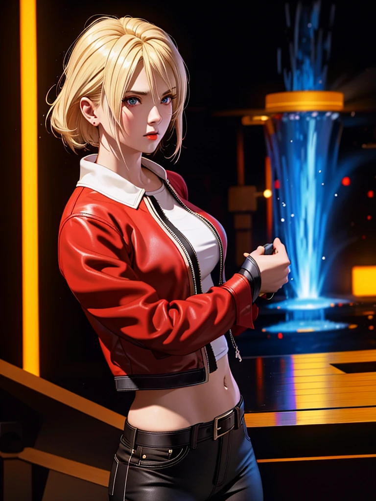 25-year-old woman, alone, blonde hair, red jacket, black t-shirt, black belt and black pants, black fingerless exercise gloves, annoyed look, expelling great blue power, cinematic, ultra-sharp focus, photography award winning, perfect contrast, high sharpness, depth of field, ultra detailed photography, global illumination, fluid, ultra high definition, 8k, Unreal Engine 5, ultra sharp focus, award winning photography, art station trends
