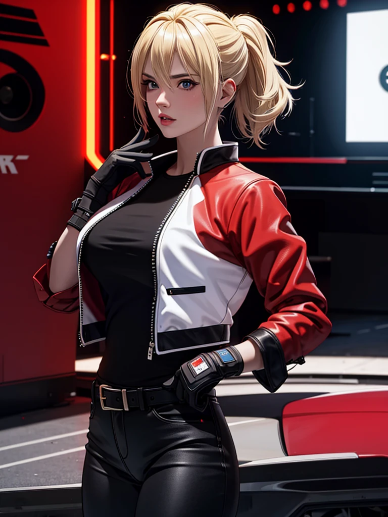 25-year-old woman, alone, blonde hair, red jacket, black t-shirt, black belt and black pants, black fingerless exercise gloves, annoyed look, expelling great blue power, cinematic, ultra-sharp focus, photography award winning, perfect contrast, high sharpness, depth of field, ultra detailed photography, global illumination, fluid, ultra high definition, 8k, Unreal Engine 5, ultra sharp focus, award winning photography, art station trends
