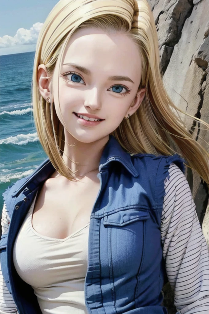 android 18,blonde hair, Long Straight hair, blue eyes, vest, black shirt, long sleeves, denim jacket, looking at viewer, smile Face, close up portrait, outside, beach, ocean, blue sky, high quality, masterpiece, sexy body, perfect breasts, slightly torn shirt on the chest