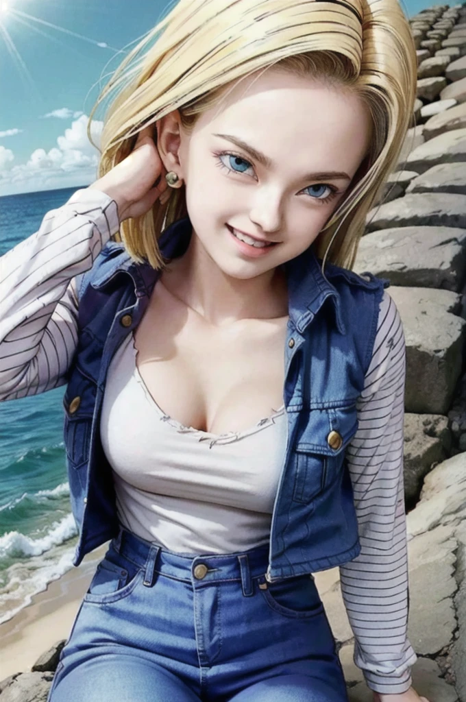 android 18,blonde hair, Long Straight hair, blue eyes, vest, black shirt, long sleeves, denim jacket, looking at viewer, smile Face, close up portrait, outside, beach, ocean, blue sky, high quality, masterpiece,  sexy body, perfect breasts, slightly torn shirt on the chest