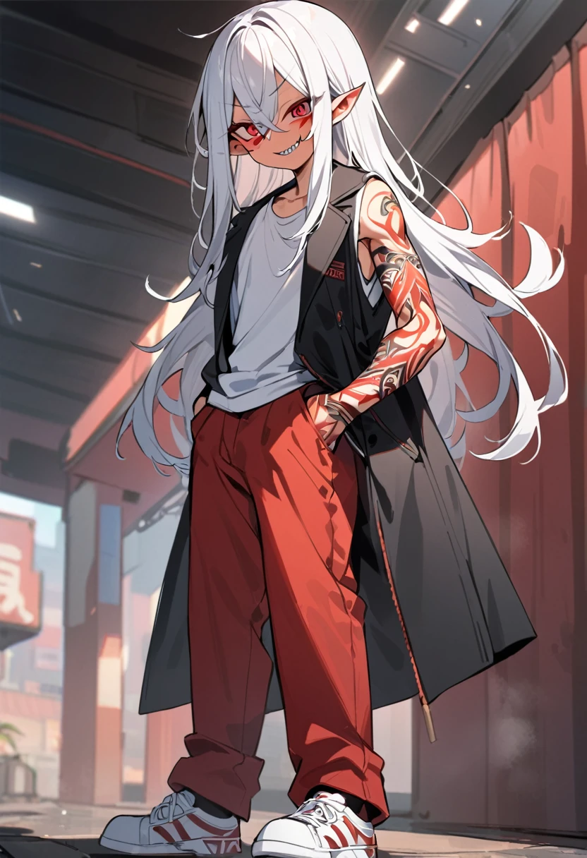 boy, white hair, long straight hair, red eyes, wild smile, sharp teeth, pointed ears, beige skin, white sweater, black cargo pants, red tribal tattoos, facial red tattoo, feather necklace, high quality, high details, 4K, anatomically correct
