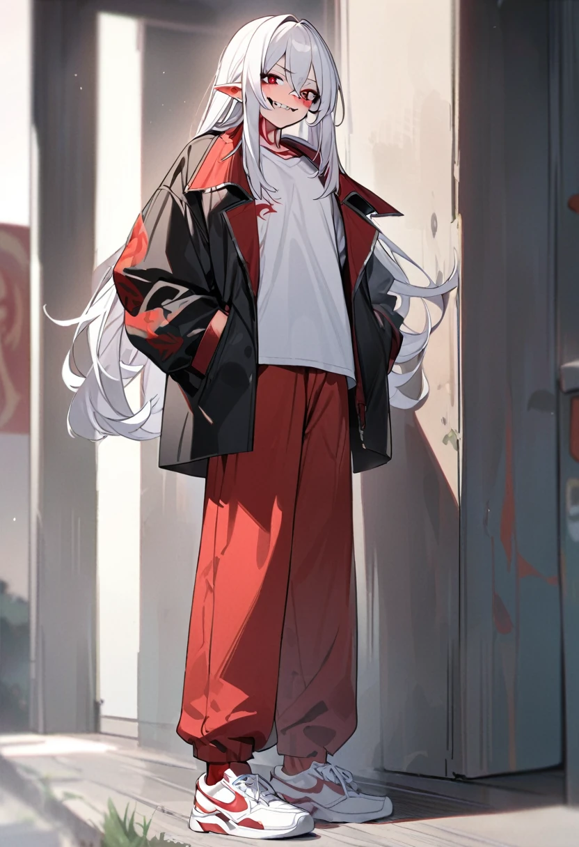 Boy, white hair, long straight hair, red eyes, wild smile, sharp teeth, pointed ears, fair skin, long black coat, white shirt, red pants, white sneakers, red tribal tattoos on arms, red facial tattoo, high quality, 4K, anatomically correct