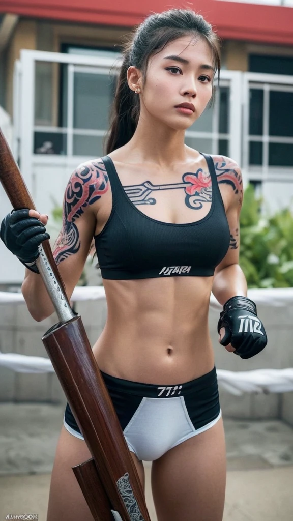 Beautiful Thai-Melanesian female, (16 years old), Mixed Martial Arts, (navel baring, everyday house clothes:1.3), tank top, (MMA gloves ), fit, (muscles:1.2), athletic feminine body, female fitness model body, Tokyo landmarks in the background, masterpiece, perfect lighting, ultra high resolution, 8K, She is an exceptional MMA fighter, hard toned feminine body, (very long ponytail, straight bangs:1.2), (sexy smile for the camera:0.7), (very sexy pose), (kung fu fighter in fighting stance, holding very large weapon in hand, wearing very large weapon, standing with very large weapon, raising very large weapon:1.3), (tattoos all over body, 80% of body covered in Japanese tattoos:1.5), red lips, red high heels, choker, necklace, earrings, (highly detailed:1.4), From the front, looking at the camera, melancholic expression, (Tokyo city, many people in the background),