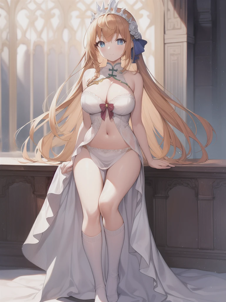 A girl，Long hair, Bangs, Orange Hair, Hair between the eyes, s eyes，蓝色s eyes:（1.5),  (Large Breasts:1.2), 
rest  锁骨, Wedding dress，veil，wedding，White Dress，Flowers，The skirt is broken，White socks，Tights，White knee socks，belly button，Cleavage，
Looking at the audience, whole body,
indoors, church，Everlasting，Everlasting，
rest (masterpiece:1.2), best quality, high resolution, Unity 8K wallpaper, (illustration:0.8), (美丽细致s eyes:1.6), Extremely detailed face, Perfect lighting, Extremely detailed CG, (Perfect hands, Perfect anatomical structure),