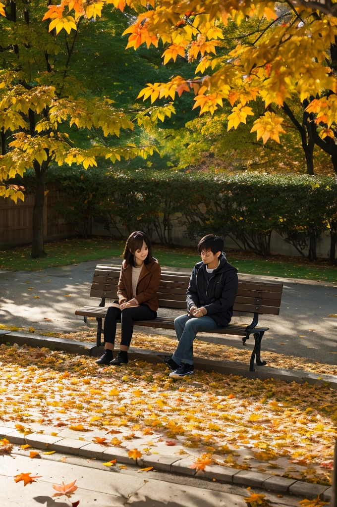 Bench in the middle。Autumn leaves in the background