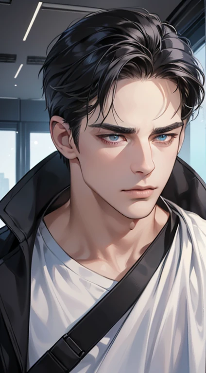 (best quality, masterpiece, 8K, photorealistic, cinematic lighting, hdr image, ultra detailed, beautiful image), 1 man, 31 years old, mature man, very handsome, (without expression, serious), short black hair, blue grey eyes ( penetrating gaze), perfect face without errors, imposing posture, without errors, businessman, office background