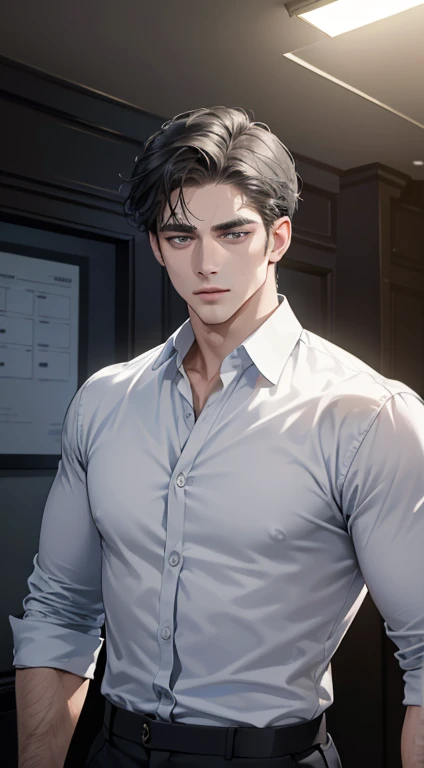 (best quality, masterpiece, 8K, photorealistic, cinematic lighting, hdr image, ultra detailed, beautiful image), 1 man, 31 years old, mature man, very handsome, (without expression, serious), short black hair, blue grey eyes ( penetrating gaze), perfect face without errors, imposing posture, without errors, businessman, office background