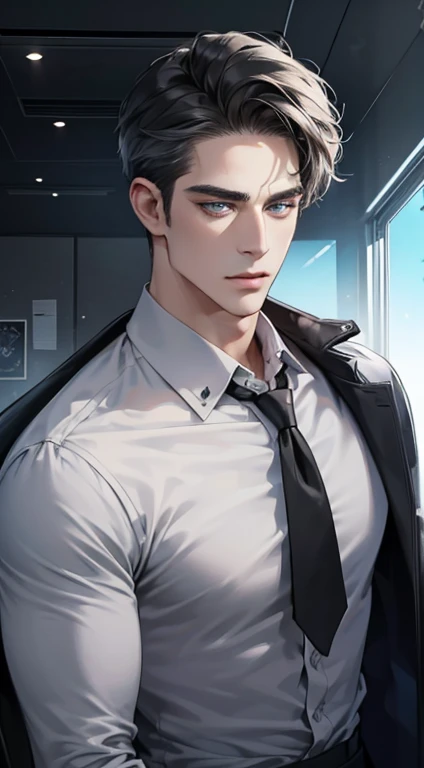 (best quality, masterpiece, 8K, photorealistic, cinematic lighting, hdr image, ultra detailed, beautiful image), 1 man, 31 years old, mature man, very handsome, (without expression, serious), short black hair, blue grey eyes ( penetrating gaze), perfect face without errors, imposing posture, without errors, businessman, office background