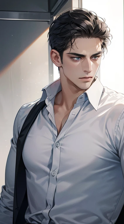(best quality, masterpiece, 8K, photorealistic, cinematic lighting, hdr image, ultra detailed, beautiful image), 1 man, 31 years old, mature man, very handsome, (without expression, serious), short black hair, blue grey eyes ( penetrating gaze), perfect face without errors, imposing posture, without errors, businessman, office background