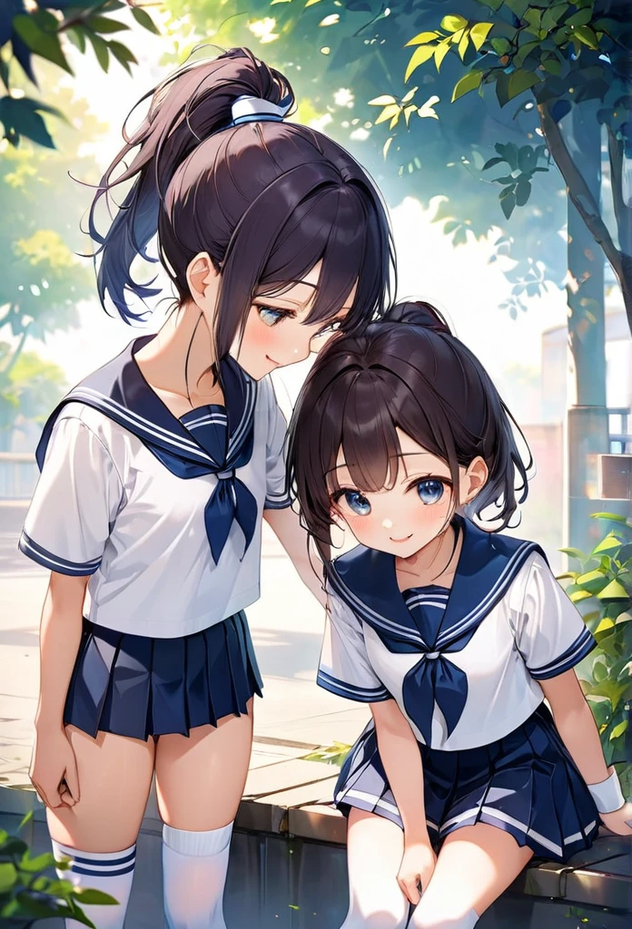 A heartwarming moment between an Indian 20 year old brother and sister, both dressed in their distinctive school uniforms. The brother, with his short hair neatly combed and a mischievous smile, is slightly taller than his sister, which suggests a protective nature. He is clad in navy blue shorts that hit just above the knee, paired with crisp, white socks that fold down at the ankles, revealing a hint of his bare skin. His short sleeve shirt, a vibrant shade of light blue, matches the color of the school emblem proudly stitched onto the pocket. The sister, on the other hand, is a vision of innocence and charm with her dark hair tied back into a high ponytail, showcasing her delicate features. She wears a pleated skirt in the same navy blue as her brother's shorts, reaching just below her knees and complemented by a pair of thigh-high socks adorned with white stripes, reminiscent of a sailor's attire. Her white blouse, featuring a sailor collar with a cute bow at the neck, adds a touch of elegance to her ensemble. The siblings stand in a playful embrace, the brother leaning down slightly to plant a gentle kiss on his sister's forehead. The soft, warm light bathes the scene, highlighting their pure and loving bond. The background is a blur of lush greenery, hinting at their schoolyard setting where such tender moments often unfold amidst the hustle and bustle of academic life. The vibrant colors of their uniforms stand out against the serene backdrop, creating a poignant contrast of youthful exuberance and the tranquility of the environment. The picture captures a fleeting second of their shared childhood, a testament to the unspoken love and camaraderie that exists between siblings, transcending the boundaries of their school routine, cute detailed face ,
