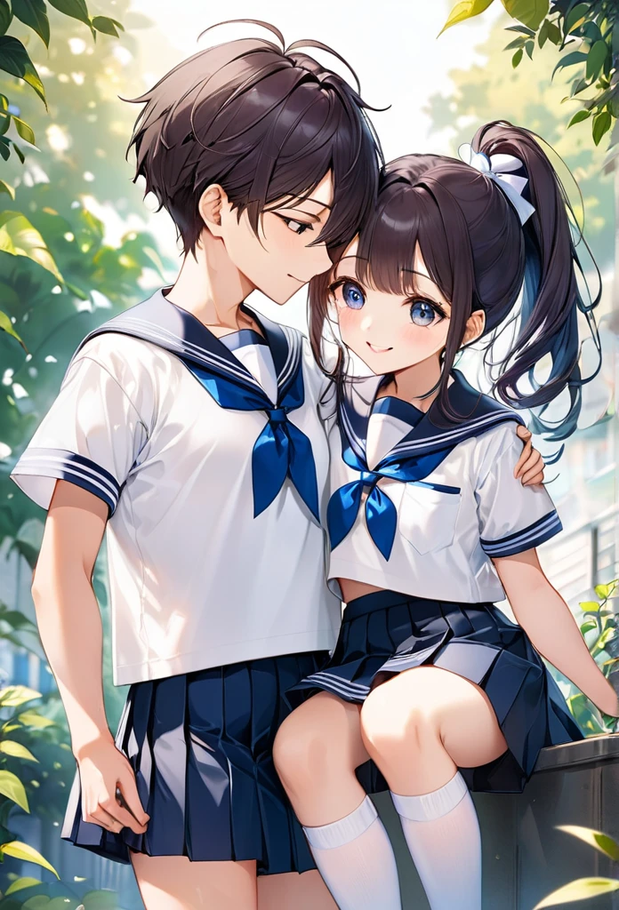 A heartwarming moment between an Indian 20 year old brother and sister, both dressed in their distinctive school uniforms. The brother, with his short hair neatly combed and a mischievous smile, is slightly taller than his sister, which suggests a protective nature. He is clad in navy blue shorts that hit just above the knee, paired with crisp, white socks that fold down at the ankles, revealing a hint of his bare skin. His short sleeve shirt, a vibrant shade of light blue, matches the color of the school emblem proudly stitched onto the pocket. The sister, on the other hand, is a vision of innocence and charm with her dark hair tied back into a high ponytail, showcasing her delicate features. She wears a pleated skirt in the same navy blue as her brother's shorts, reaching just below her knees and complemented by a pair of thigh-high socks adorned with white stripes, reminiscent of a sailor's attire. Her white blouse, featuring a sailor collar with a cute bow at the neck, adds a touch of elegance to her ensemble. The siblings stand in a playful embrace, the brother leaning down slightly to plant a gentle kiss on his sister's forehead. The soft, warm light bathes the scene, highlighting their pure and loving bond. The background is a blur of lush greenery, hinting at their schoolyard setting where such tender moments often unfold amidst the hustle and bustle of academic life. The vibrant colors of their uniforms stand out against the serene backdrop, creating a poignant contrast of youthful exuberance and the tranquility of the environment. The picture captures a fleeting second of their shared childhood, a testament to the unspoken love and camaraderie that exists between siblings, transcending the boundaries of their school routine, cute detailed face , 