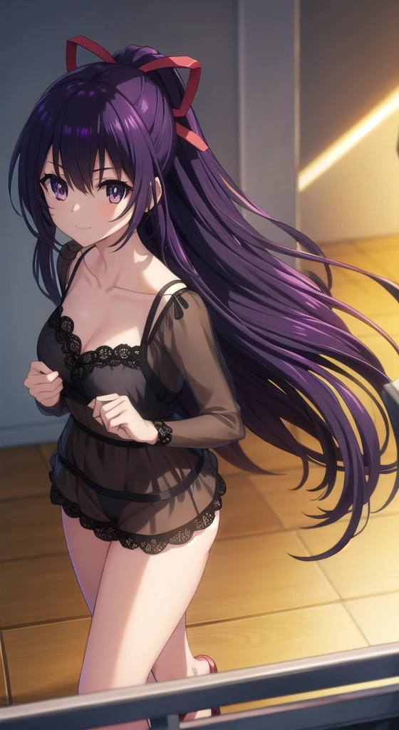 tohkayatogami, tohka yatogami casual, long hair, purple hair, alluringly smile , lace layer on dress, black transparent lace top, see through lace top, long sleeve, black mini dress underneath , tight dress ,(purple eyes:1.1), hair ribbon, ponytail, purple hair, white ribbon, E cup breasts, bewitched thighs, slender waist, plump butt , high heels 
BREAK ,
BREAK daylight ,alone, 
BREAK looking at viewer, standing, beauty poses 
BREAK (masterpiece:1.2), best quality, high resolution, unity 8k wallpaper, (illustration:0.8), (beautiful detailed eyes:1.6), extremely detailed face, perfect lighting, extremely detailed CG, (perfect hands, perfect anatomy),