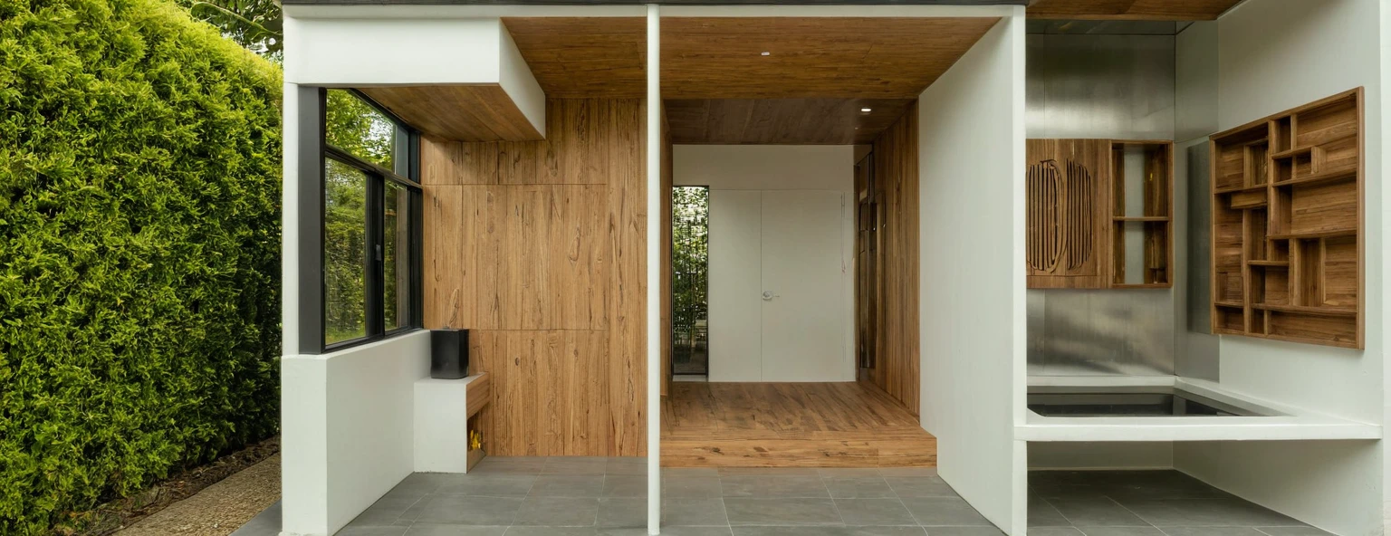 Raw photo, Masterpiece, high quality, best quality, authentic, super detail, architecture, house, outdoors, style modern, minimalist line, wooden, white paint wall, japan style, wasabi style, Jen style, steel stair, glass railing, paint wall decor, tree, street