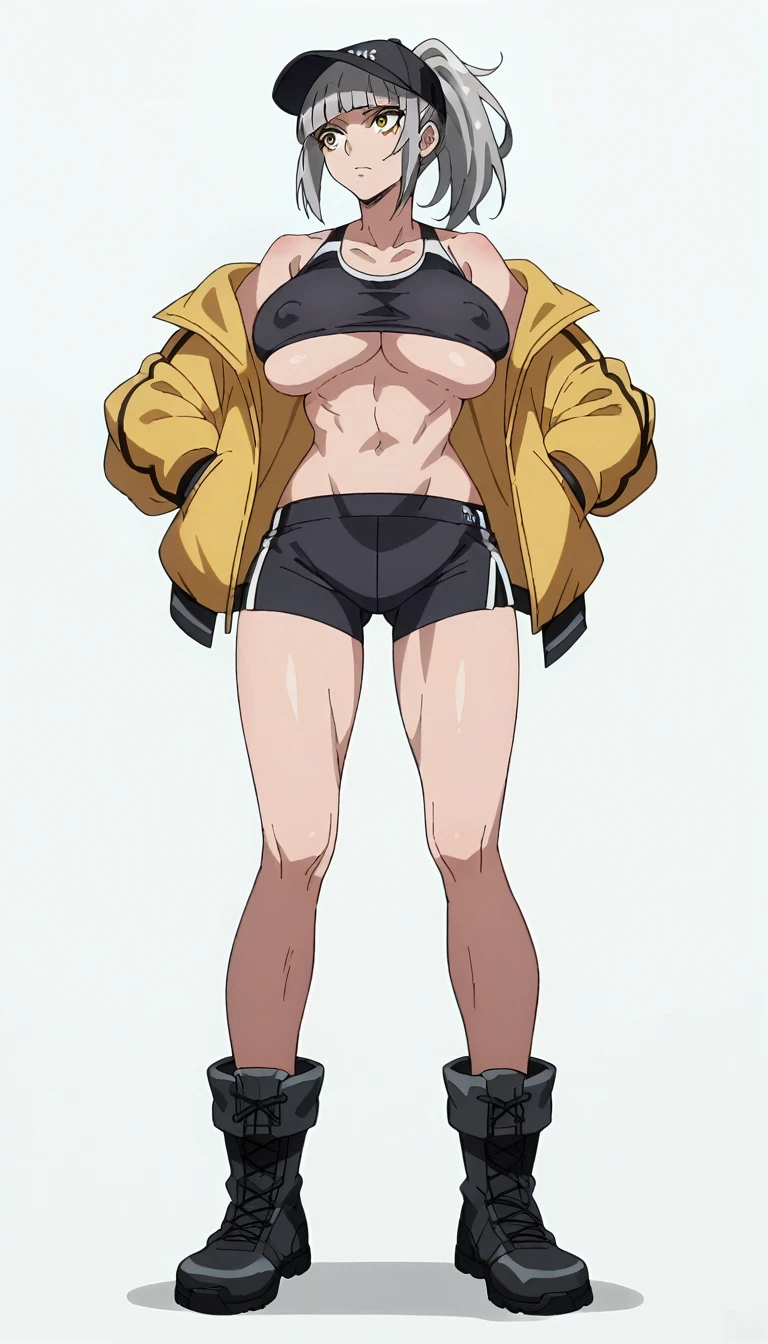 score_9, score_8_up, score_7_up, score_6_up, score_5_up, score_4_up, BREAK,blunt bangs,Gray Hair,Yellow Eyes,ponytail,big breasts,,Overflowing breasts,cap,Sports bra,Jacket,Shorts,boots,Street fashion,Erect nipples,Underboob,White background,Are standing,fine anime screencap_xl, anime screencap