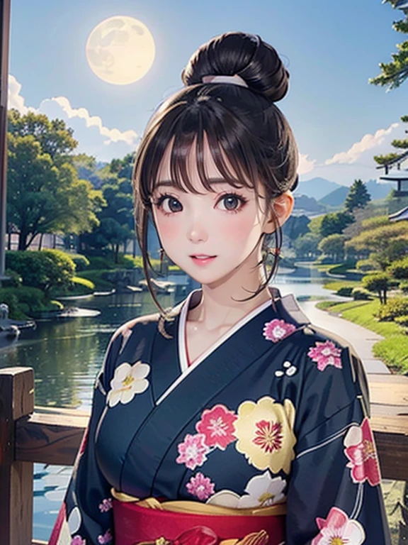 (Highest quality、 8k wallpaper、masterpiece、High resolution)、Vibrant colors、Ample breasts、Black hair in a Japanese round topknot、Brown-black bob、Beautiful girl in yukata、Vivid floral pattern、whole body、(Highly detailed face and eyes、Beautiful Face、Beautiful Eyes、Beautiful nose、Pretty lips)、A friendly gaze、above the knee shot、Highly detailed background、Japanese garden、moonlight、Full moon and starry sky、Official Art、