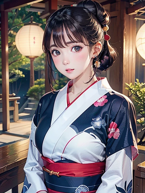 (Highest quality、 8k wallpaper、masterpiece、High resolution)、Vibrant colors、Ample breasts、Black hair in a Japanese round topknot、Brown-black bob、Beautiful girl in yukata、Vivid floral pattern、whole body、(Highly detailed face and eyes、Beautiful Face、Beautiful Eyes、Beautiful nose、Pretty lips)、A friendly gaze、above the knee shot、Highly detailed background、Japanese garden、moonlight、Full moon and starry sky、Official Art、