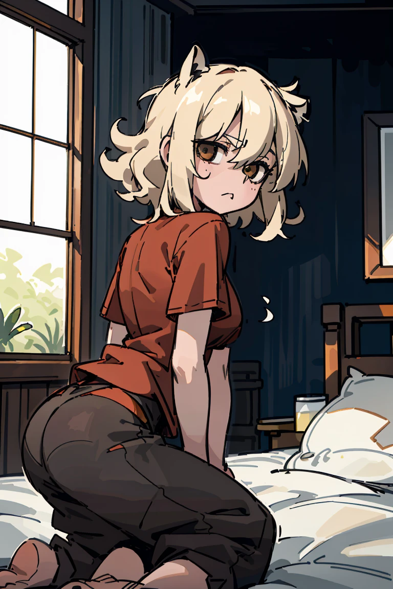 (Top quality、8K、32K、masterpiece、nffsw、Ultra-high resolution、Impressionism、Reality:1.2)、huge 、Cowboy shooting, 细致s face部和眼睛、short and small、Dog ears、((((Female breasts are too large))))、The breasts are full、((((Big Ass))))、(((Brown soft curly hair))),、(((Big brown eyes)))、In the bedroom、kneel on the bed、Pretty Face、16 year old beautiful girl、Radiant Skin、With bangs、Brown eyes、(Katyusha:1.2)、Too loose T-shirt、((()))、curve、kneel、Half open eyes、s face、Eyes full of love