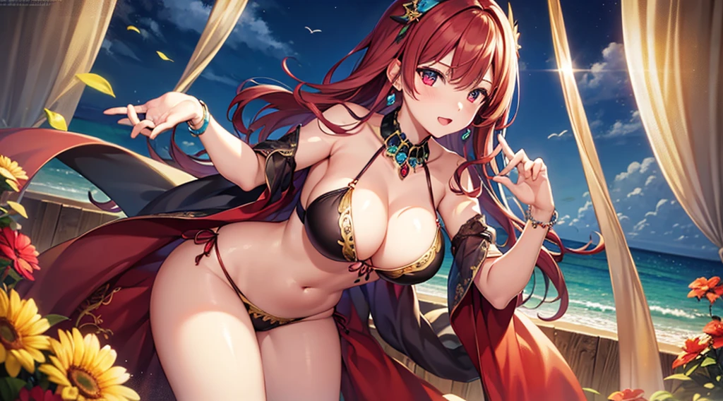 Highest quality, masterpiece, figure, wallpaper,One girl, Beautiful detailed girl, Highly detailed eyes and face, Beautiful attention to detail, Shine,Browsing Caution, View your viewers, Red Eyes, Bob Hair,Beautiful emerald hair, Thighs, Large Breasts, Red eyes,beautiful finger, clear background, deep night、Big earrings、bracelet、Gal、summer、Ocean、sunlight、Are standing, Swimwear