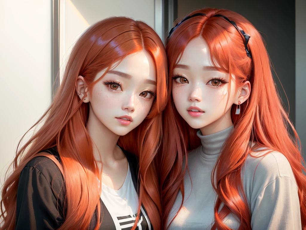 a close up of a woman with long red hair and a gray shirt, portrait jisoo blackpink, sun yunjoo, hair coloring, ginger wavy hair, jisoo of blackpink, jossi of blackpink, jinyoung shin, portrait of jossi of blackpink, park ji-min, jimin\'s plump lips, beautiful south korean woman, portrait of kpop idol, coral brown hair