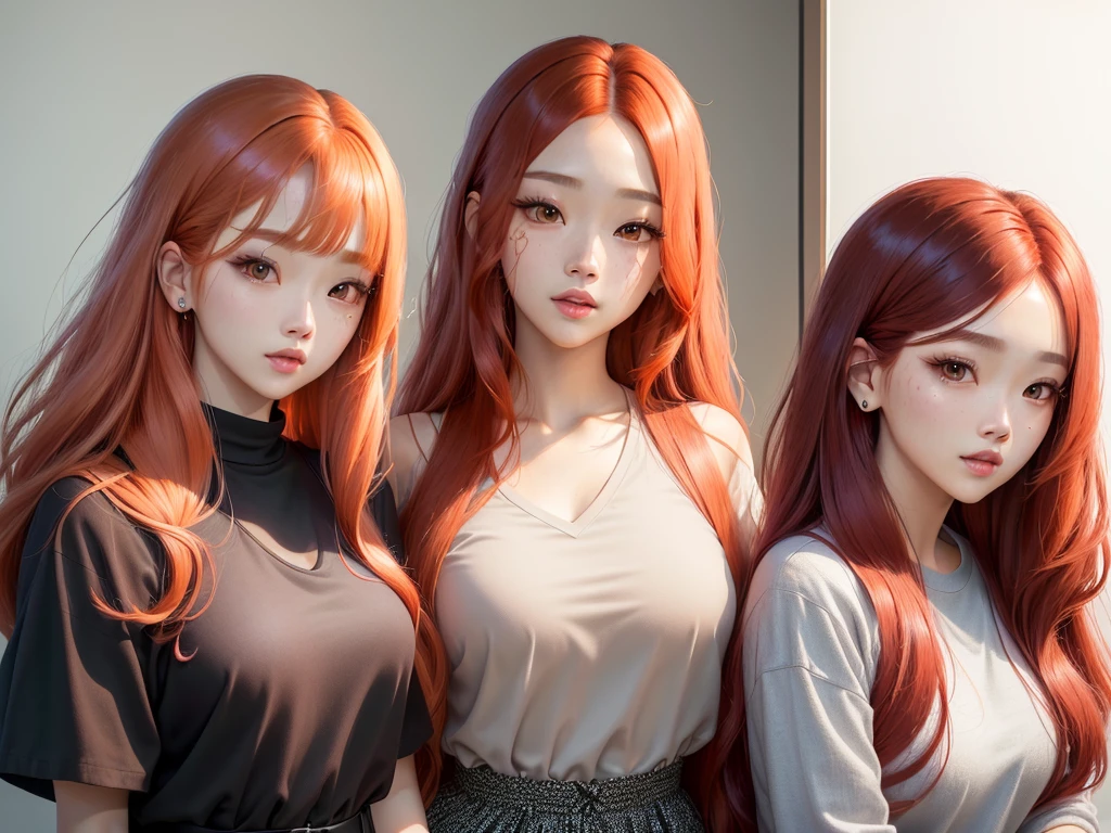 a close up of a woman with long red hair and a gray shirt, portrait jisoo blackpink, sun yunjoo, hair coloring, ginger wavy hair, jisoo of blackpink, jossi of blackpink, jinyoung shin, portrait of jossi of blackpink, park ji-min, jimin\'s plump lips, beautiful south korean woman, portrait of kpop idol, coral brown hair