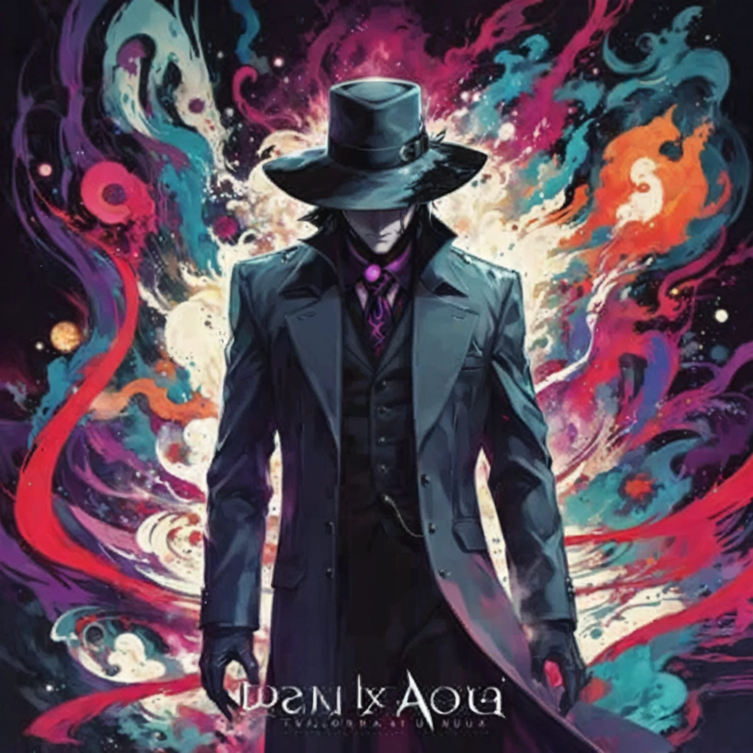 a poster of a man in a suit and hat with a hat on, trending anime artwork, trending anime art, detailed cover artwork, art cover, omen from valorant, by Aquirax Uno, menacing aura, official anime artwork, by Félix Arauz, album artwork, darkness aura, style is a blend of æon flux, anime trending artwork