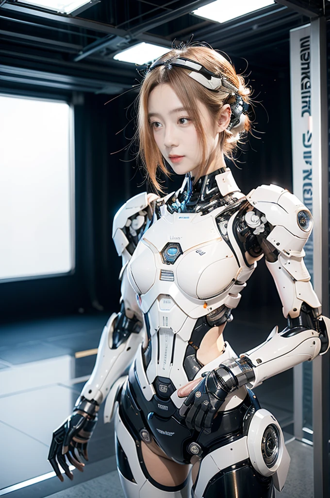 {{best quality, 1080P, Masterpiece, Ultra high resolution, photorealistic, ultra realism, Realistic skin texture, Extreme skin detail, dslr, Detailed eyes, blue eyes, Facing the camera, very beautiful face, Concise facial structure, Pale skin, Realistic skin texture, Extreme skin detail, oc render reflection textures, Realistic light and shadow, Single picture, alone, The body is slim and balanced., Age 20, Height 170, naked girl, NUDE, no underwear, A girl with the body of a mechanical robot., Transparent futuristic black glass mech armor suit, The mechanical cervix is attached to the neck., flat stomach, Woman with perfect robot arms and legs, full body view, Whole body photo.}}