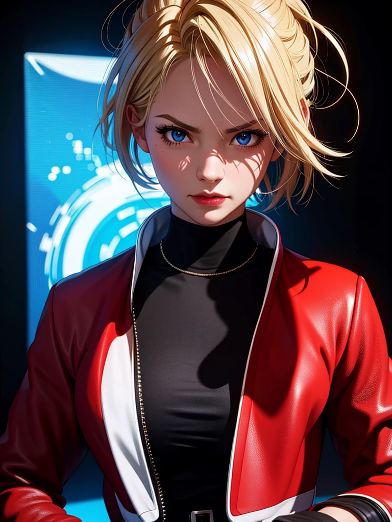 25-year-old woman, alone, blonde hair, red jacket, black t-shirt, black belt and black pants, black fingerless exercise gloves, annoyed look, expelling great blue power, cinematic, ultra-sharp focus, photography award winning, perfect contrast, high sharpness, depth of field, ultra detailed photography, global illumination, fluid, ultra high definition, 8k, Unreal Engine 5, ultra sharp focus, award winning photography, art station trends