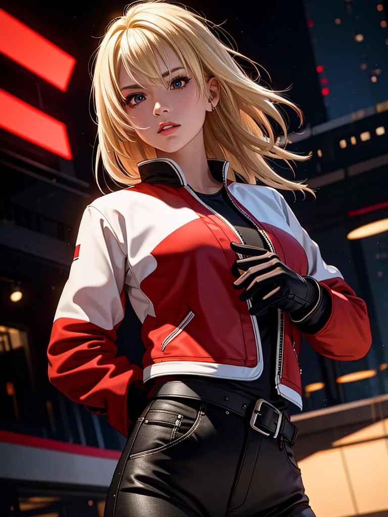 25-year-old woman, alone, blonde hair, red jacket, black t-shirt, black belt and black pants, black fingerless exercise gloves, annoyed look, expelling great blue power, cinematic, ultra-sharp focus, photography award winning, perfect contrast, high sharpness, depth of field, ultra detailed photography, global illumination, fluid, ultra high definition, 8k, Unreal Engine 5, ultra sharp focus, award winning photography, art station trends
