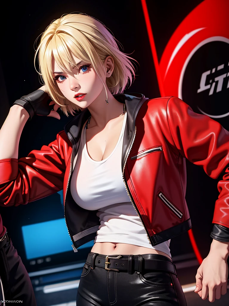 25-year-old woman, alone, blonde hair, red jacket, black t-shirt, black belt and black pants, black fingerless exercise gloves, annoyed look, expelling great blue power, cinematic, ultra-sharp focus, photography award winning, perfect contrast, high sharpness, depth of field, ultra detailed photography, global illumination, fluid, ultra high definition, 8k, Unreal Engine 5, ultra sharp focus, award winning photography, art station trends
