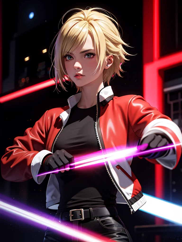 25-year-old woman, alone, blonde hair, red jacket, black t-shirt, black belt and black pants, black fingerless exercise gloves, annoyed look, expelling great blue power, cinematic, ultra-sharp focus, photography award winning, perfect contrast, high sharpness, depth of field, ultra detailed photography, global illumination, fluid, ultra high definition, 8k, Unreal Engine 5, ultra sharp focus, award winning photography, art station trends