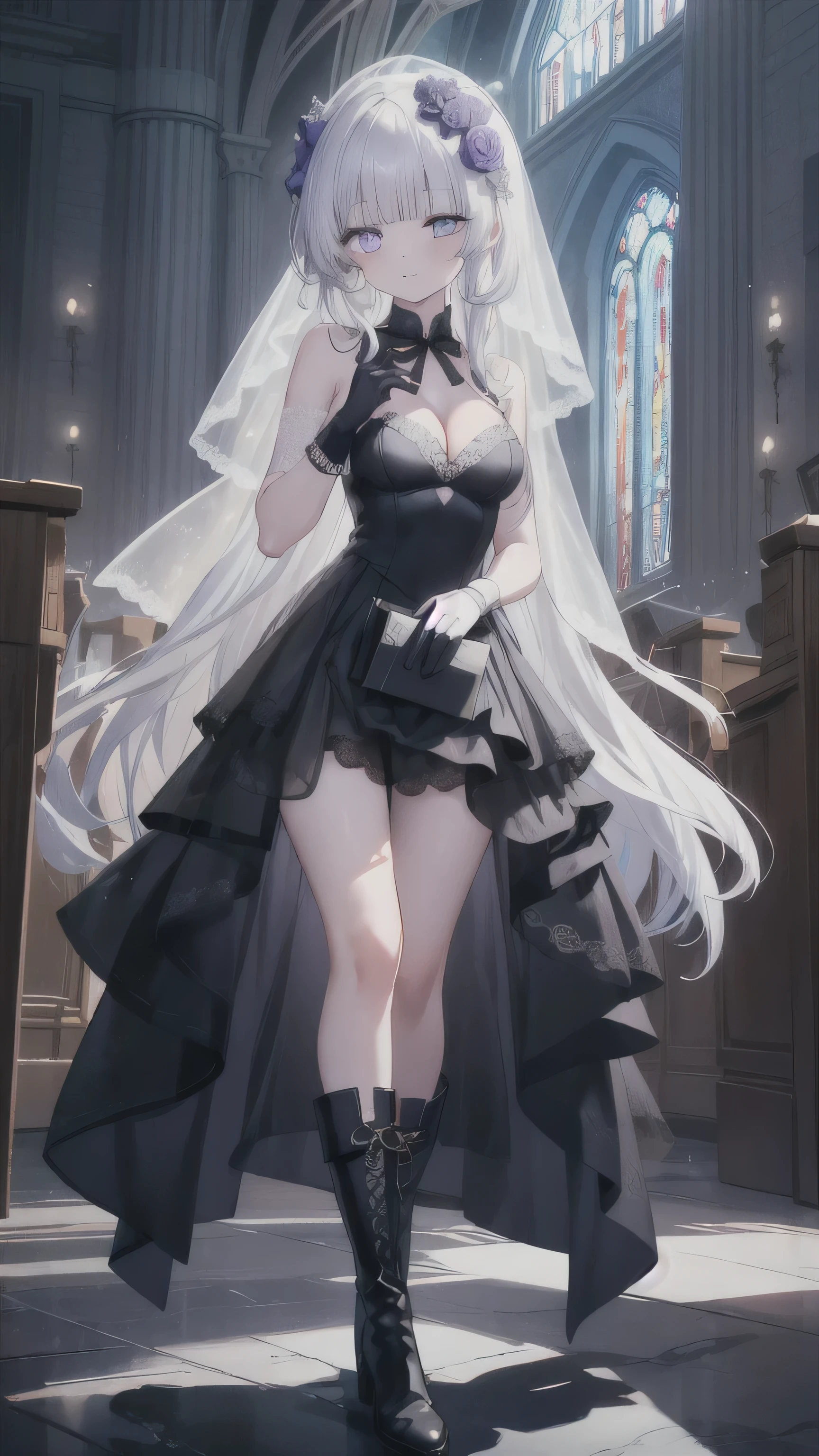 A girl，，long hair, bangs, White hair, Hair between the eyes, Purple Eyes:（1.5),  (Medium breasts:1.2), 
rest clavicle, Wedding dress，veil，wedding，Black dress，Flowers，dress，Black socks，Black knee socks，Black gloves，Long boots，Cleavage，
Looking at the audience, whole body, Open your mouth，lol，
indoors, church，permanent，permanent，Micro lol，With one eye closed，
rest (masterpiece:1.2), best quality, high resolution,  8k wallpaper, (illustration:0.8), (Beautiful and delicate eyes:1.6), Extremely detailed face, Perfect lighting, Extremely detailed CG, (Perfect hands, Perfect anatomical structure),