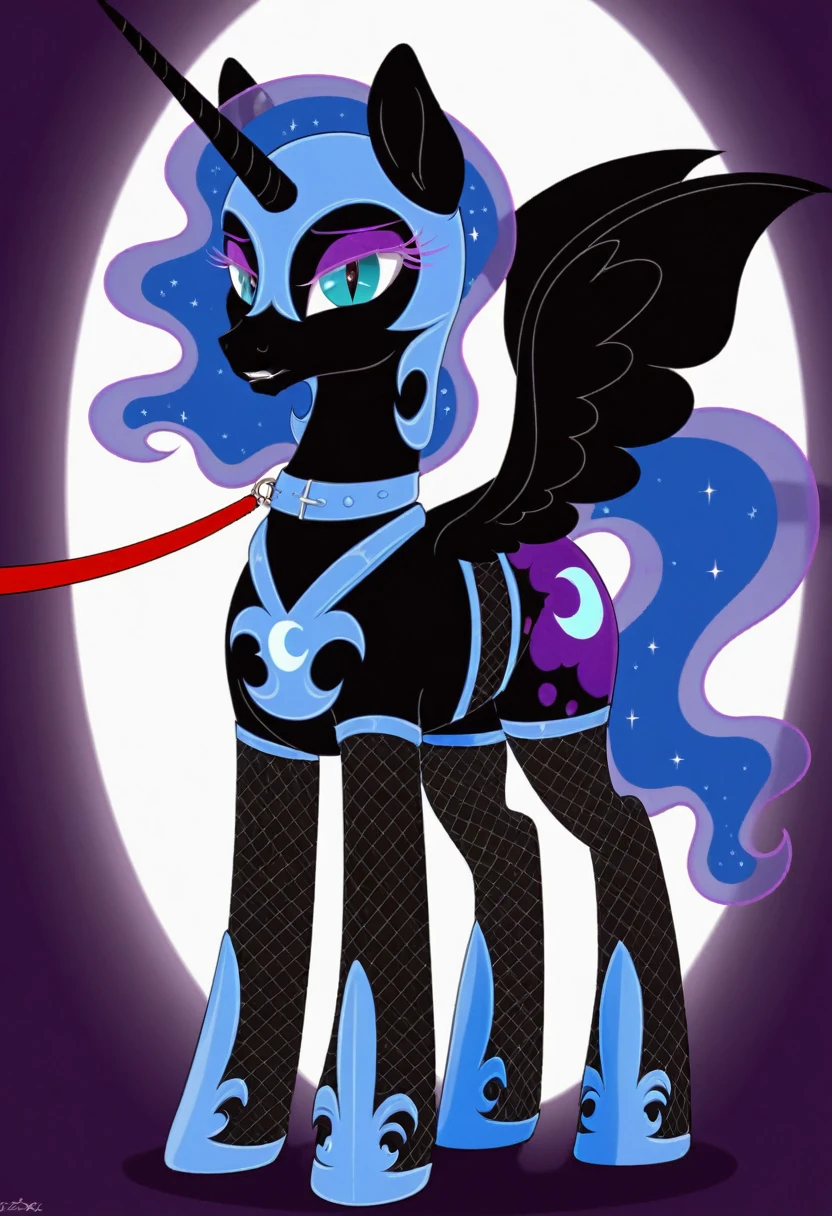 Pony  sad  nightmare moon in   in fishnet tights  b walks on a leash