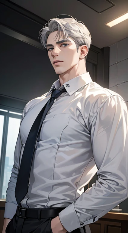 (best quality, masterpiece, 8K, photorealistic, cinematic lighting, hdr image, ultra detailed, beautiful image), 1 man, 31 years old, mature man, very handsome, (without expression, serious), short white hair, blue grey eyes ( penetrating gaze), perfect face without errors, imposing posture, without errors, businessman, office background