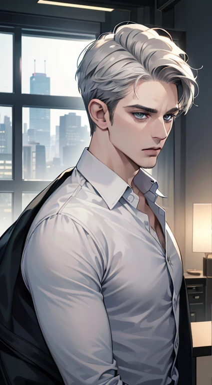 (best quality, masterpiece, 8K, photorealistic, cinematic lighting, hdr image, ultra detailed, beautiful image), 1 man, 31 years old, mature man, very handsome, (without expression, serious), short white hair, blue grey eyes ( penetrating gaze), perfect face without errors, imposing posture, without errors, businessman, office background