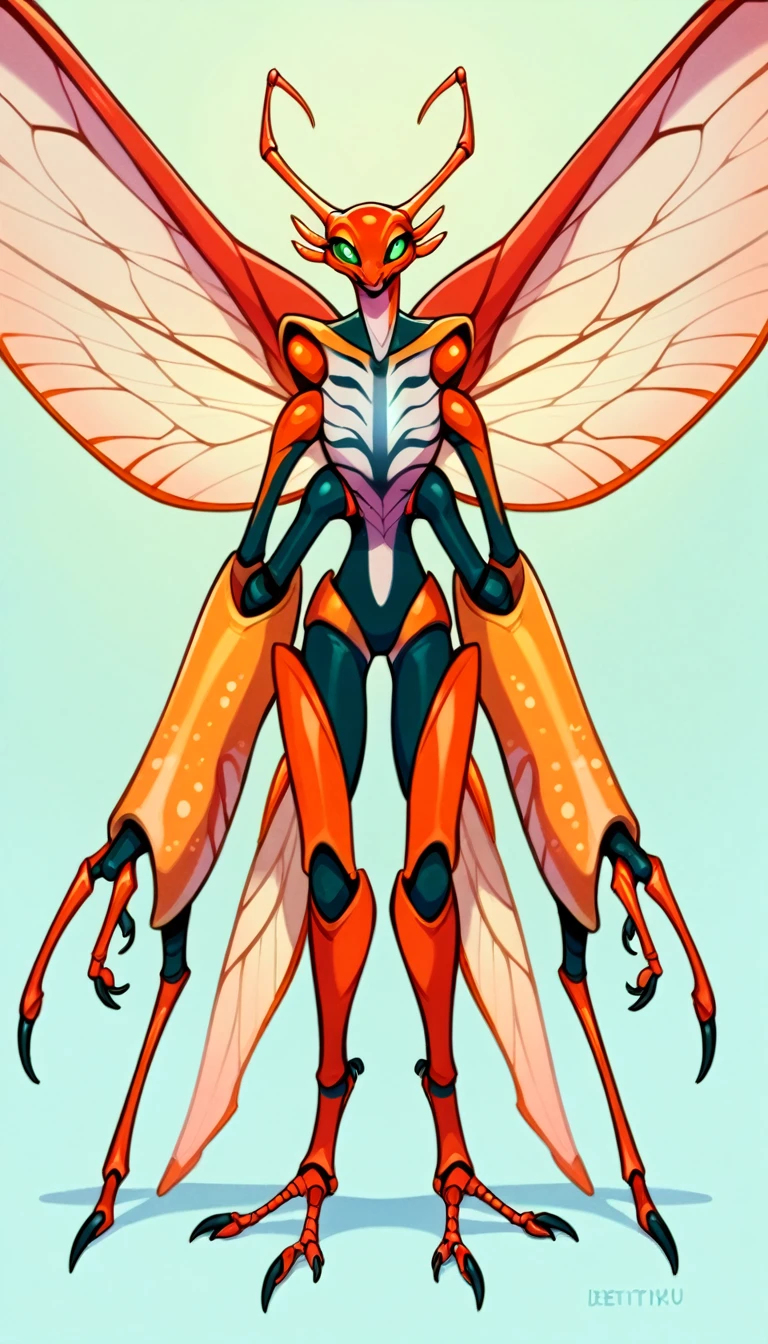 Alien species, bipedal extraterrestrial entity, insectoid/reptilian features, futuristic tribal aesthetic, non-humanoid facial features, four arms, large insectoid/avian wings, beautiful otherworldly entity, so beautiful it is scary, extra solar races
