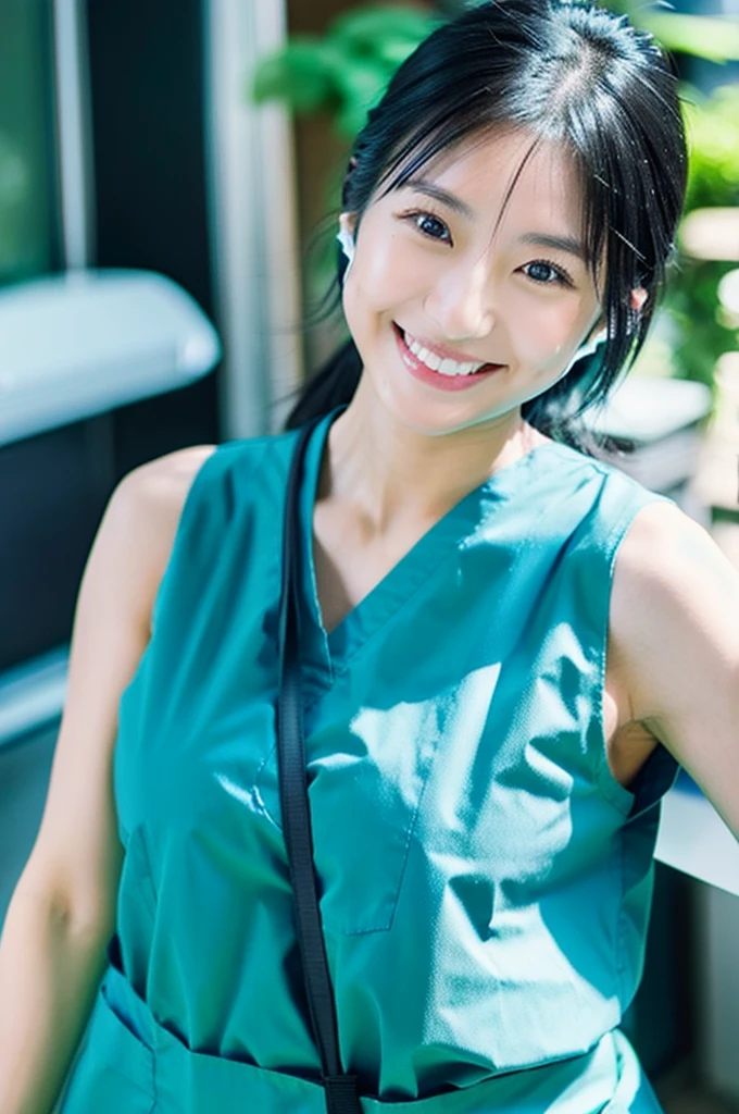 Dental hygienist wearing blue-green medical scrubs Japanese woman in her early 20s with black hair Upper body close-up smile Shooting outside Harmony々 No accessories included