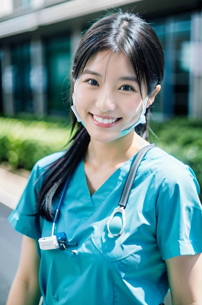 Dental hygienist wearing blue-green medical scrubs Japanese woman in her early 20s with black hair　Upper body close-up　smile　Shooting outside　Harmony々　No accessories included