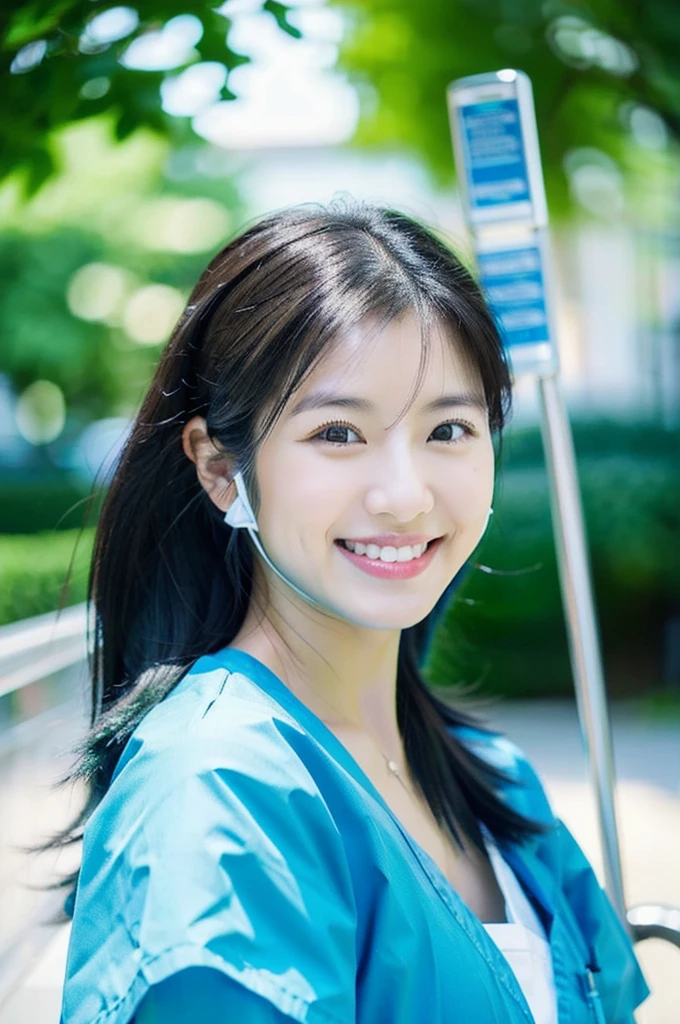 Dental hygienist wearing purple medical scrubs Japanese woman in her early 20s with black hair Upper body close-up smile Shooting outside Harmony々