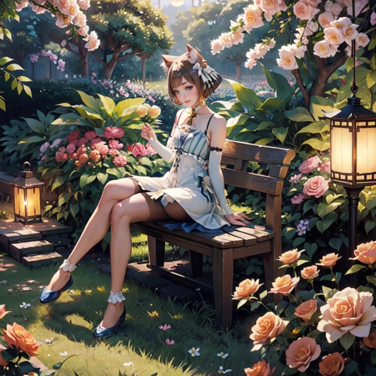 1girl, white roses, ornament hair, cat ears, roses on her hair, maid, maid dress, maid headdress, maid apron, light brown hair, short hair, seat on the grass, garden scene, Chinese maid dress, gold lantern, blue dress, more details on her clothes, golden details, night, smiling, chinese style, solo, alone, crystal, curtains, full moon on the sky, laces, frills, sparkles, fireflies, seat on the grass, chinese architecture on the background, white roses on the floor, oriental garden scenery, solo, 1 girl