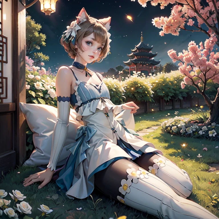 1girl, white roses, ornament hair, cat ears, roses on her hair, maid, maid dress, maid headdress, maid apron, light brown hair, short hair, seat on the grass, garden scene, Chinese maid dress, gold lantern, blue dress, more details on her clothes, golden details, night, smiling, chinese style, solo, alone, crystal, curtains, full moon on the sky, laces, frills, sparkles, fireflies, seat on the grass, chinese architecture on the background, white roses on the floor, oriental garden scenery, solo, 1 girl