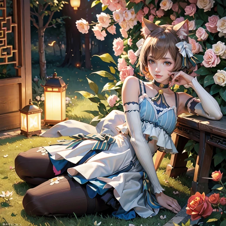 1girl, white roses, ornament hair, cat ears, roses on her hair, maid, maid dress, maid headdress, maid apron, light brown hair, short hair, seat on the grass, garden scene, Chinese maid dress, gold lantern, blue dress, more details on her clothes, golden details, night, smiling, chinese style, solo, alone, crystal, curtains, full moon on the sky, laces, frills, sparkles, fireflies, seat on the grass, chinese architecture on the background, white roses on the floor, oriental garden scenery, solo, 1 girl