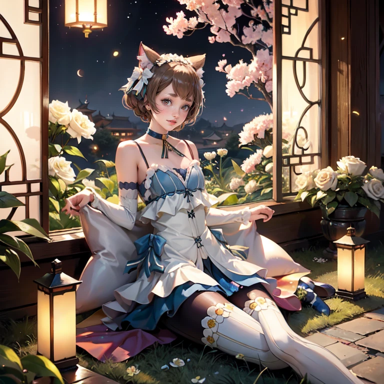 1girl, white roses, ornament hair, cat ears, roses on her hair, maid, maid dress, maid headdress, maid apron, light brown hair, short hair, seat on the grass, garden scene, Chinese maid dress, gold lantern, blue dress, more details on her clothes, golden details, night, smiling, chinese style, solo, alone, crystal, curtains, full moon on the sky, laces, frills, sparkles, fireflies, seat on the grass, chinese architecture on the background, white roses on the floor, oriental garden scenery, solo, 1 girl