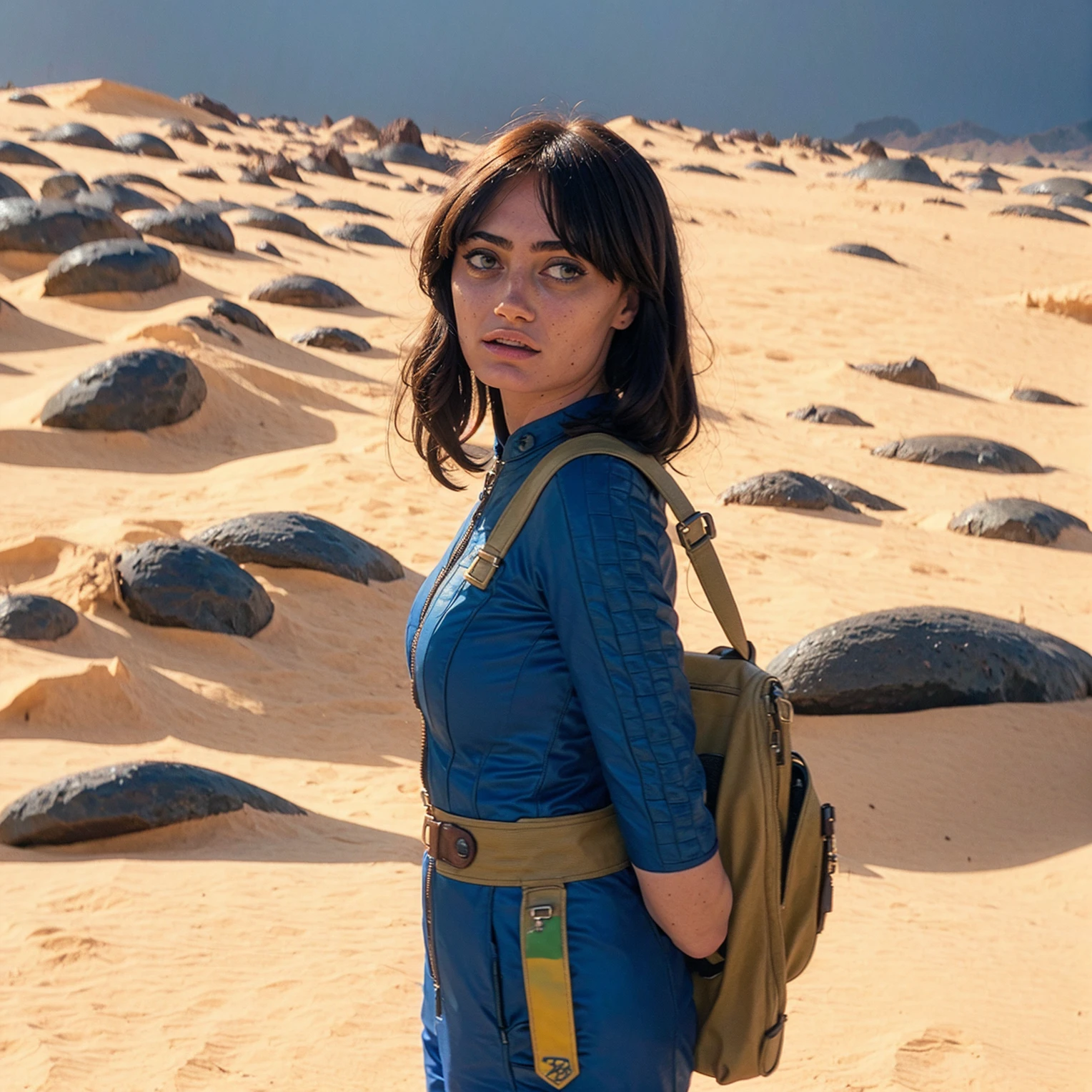 (One person). Close up of 18 year old slim Lucy from Fallout TV show standing in a post apocalyptic ruined city wearing a blue and gold vaultsuit (no backpack or backpack should straps). Photo-realistic. From Fallout TV series. Cinematic, Rich color, masterpiece, hyper realistic, ultra detailed, high quality, best quality, 4k, 8k, hi resolution, Cinematic. realistic colors, realistic, vaultsuit Lucy