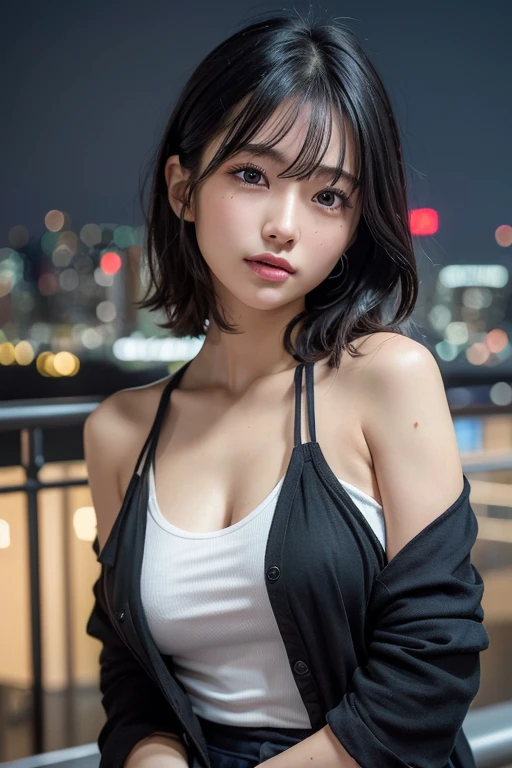 Random Pause, Mix 4, (8k, Original photo, Highest quality, masterpiece: 1.45), (Actual, Vibrant: 1.37), Skinny Japanese woman, One girl, charm, City view, night, rain, Wet, Professional Lighting, Photon Mapping, Radio City, Physically Based Rendering, Gradient black hair, Short Curly Hair, good looking, girl, See-through T-shirt,Torn clothes、 High resolution, 1080P, (Beautiful Face), (Detailed facial depiction), (Detailed description of the hand), (Detailed CG), Extreme light and shadow, Messy Hair, Lots of details, (exquisite features), (Highest quality photos), (Beautiful Eyes), Look in front of you, Thin clavicle,