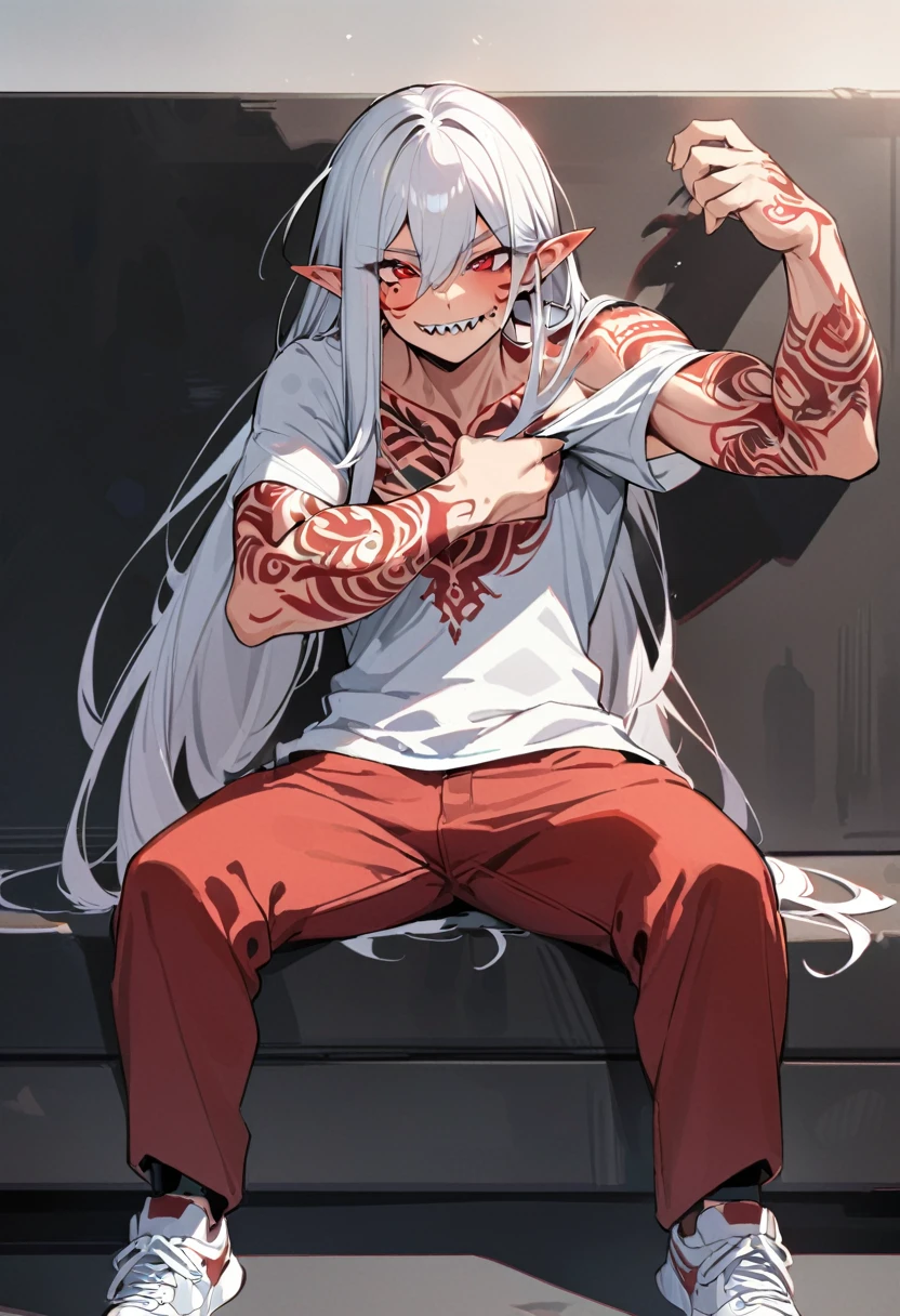 Boy, white hair, long straight hair, red eyes, wild smile, sharp teeth, pointed ears, fair skin, long black coat, white shirt, red pants, white sneakers, red tribal tattoos on arms, red facial tattoo, high quality, 4K, anatomically correct