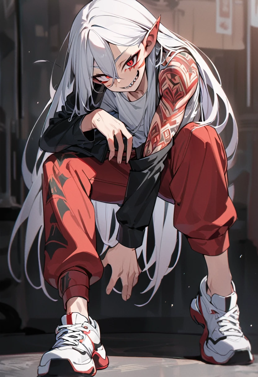 Boy, white hair, long straight hair, red eyes, wild smile, sharp teeth, pointed ears, fair skin, long black coat, white shirt, red pants, white sneakers, red tribal tattoos on arms, red facial tattoo, high quality, 4K, anatomically correct
