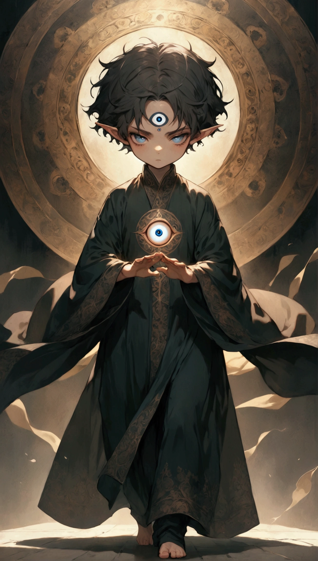 a boy with short hair, solo, third eye on the forehead, elf ears, long robe with eye patterns and dark colors, full body shot, death stare background, dynamic pose