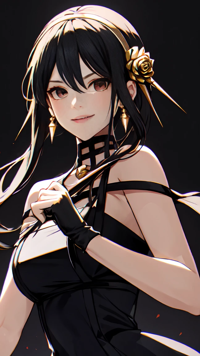your rosehip, Beautiful woman in anime style, 1 girl, happy, smile, red face, closed mouth, beautiful detailed eyes, Super Detail Skin, Backlight, bare shoulders, Black background, black dress, black gloves, black hair, breast, dress, earrings, fingerless gloves, floating hair, floral print, flower, gloves, gold earrings, gold hair band, hair flower, hair ornament, hair band, holding, holding weapon, Jewelry, large breast, long hair, I look at the viewer, off-shoulder dress, from the shoulder,Red eyes, short hair with long strands, sidelocks, One, thorns, hips, two-sided dress, two-sided fabric, weapon, fighting stance , face, Close-up, above, top quality, a high resolution.